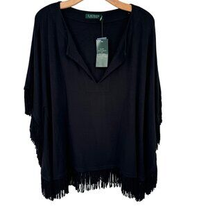 Lauren Ralph Lauren Black Fringe Poncho Top Women's Size Large knit new $129